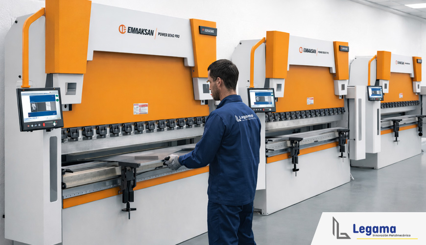 Operador utilizando plegadora hidráulica CNC industrial para doblado de láminas metálicas en taller metalmecánico