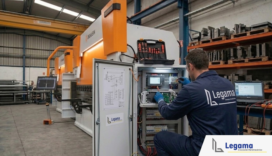 Técnico de Legama realizando mantenimiento especializado en el cuadro eléctrico de una máquina plegadora industrial.
